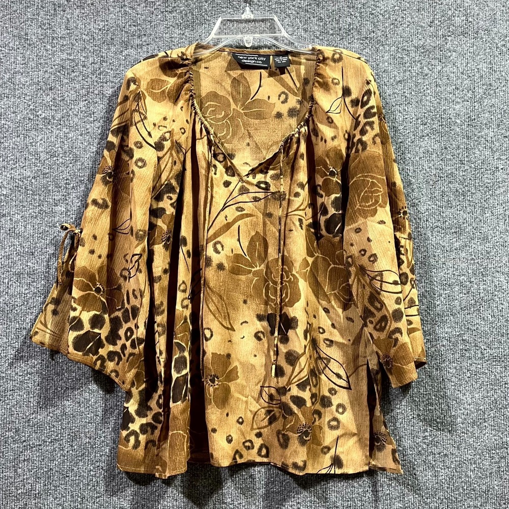 Vintage New York‎ City Design Co Blouse Top Womens Medium Brown Floral Tie Neck.